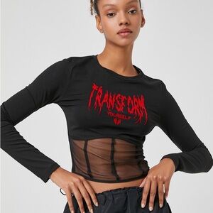 Black Long Sleeve with red print “transform yourself” Mesh Crop Top